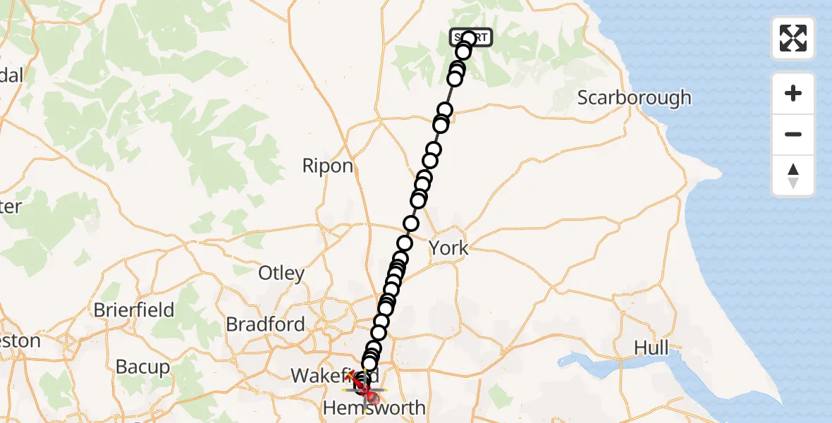 Flight route Air Ambulance Helicopter Westerdale - YAA Nostell Helicopter Port, 27 May 2026, 15:33