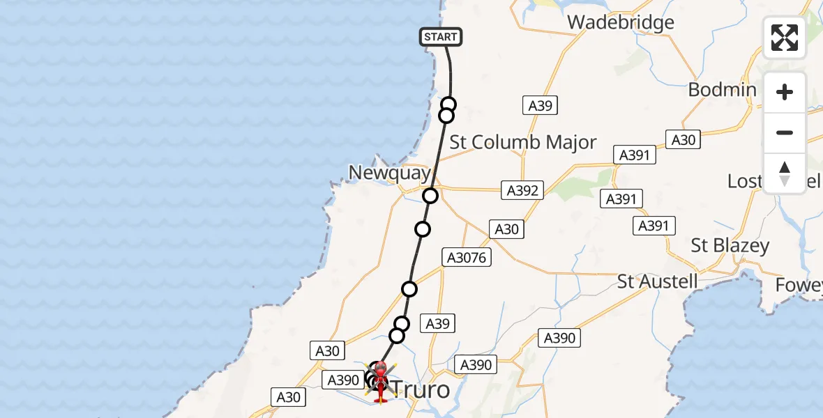 Flight route Air Ambulance Helicopter St. Eval - Treliske Hospital, 27 May 2026, 15:45