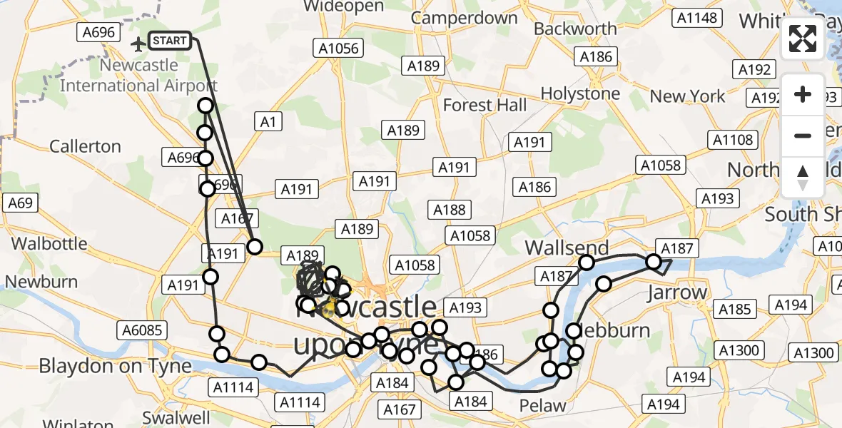 Flight route Police Helicopter Newcastle International Airport - Arthur's Hill, 27 May 2026, 15:47