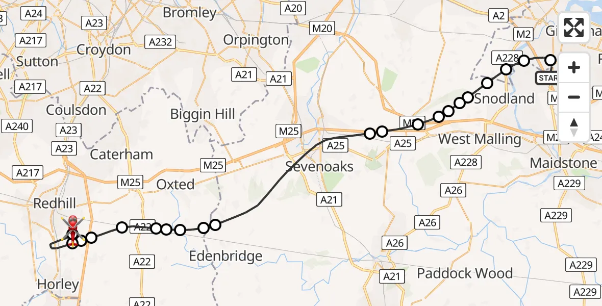 Flight route Air Ambulance Helicopter Rochester Airport - Redhill Aerodrome, 27 May 2026, 15:51