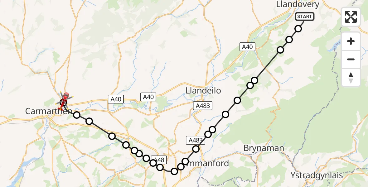 Flight route Air Ambulance Helicopter Myddfai - Peniel, 27 May 2026, 16:01