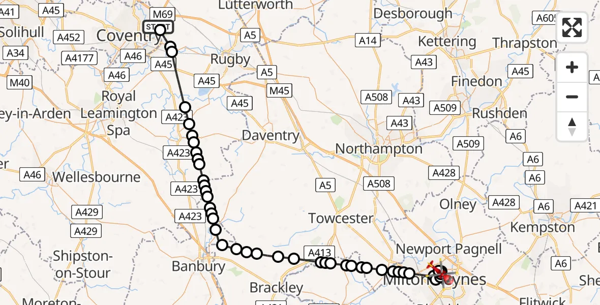 Flight route Air Ambulance Helicopter University Hospital Coventry - Central Milton Keynes, 27 May 2026, 16:03