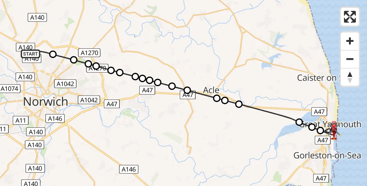 Flight route Air Ambulance Helicopter Norwich Airport - Gorleston-on-Sea, 27 May 2026, 16:11