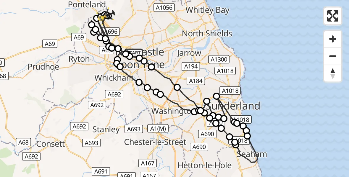 Flight route Police Helicopter Spital Tongues - Newcastle International Airport, 27 May 2026, 16:16