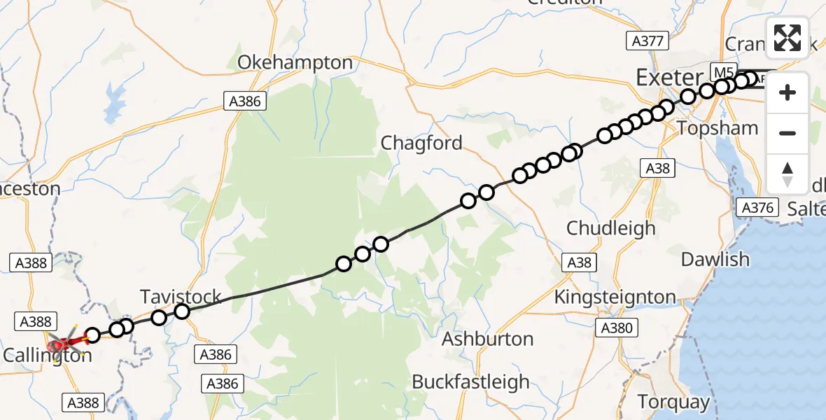 Flight route Air Ambulance Helicopter East Devon - Harrowbarrow, 27 May 2026, 16:20