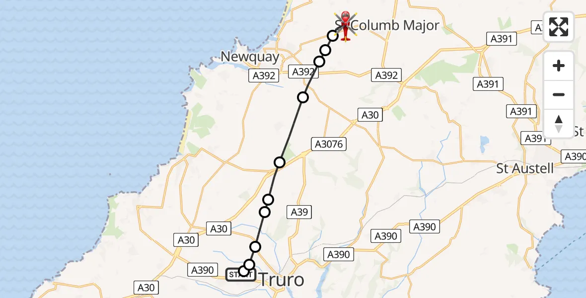 Flight route Air Ambulance Helicopter Treliske Hospital - Cornwall Airport Newquay, 27 May 2026, 16:29
