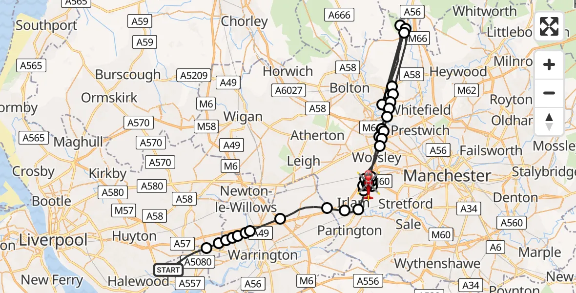 Flight route Air Ambulance Helicopter Widnes - Manchester Barton Aerodrome, 27 May 2026, 16:30