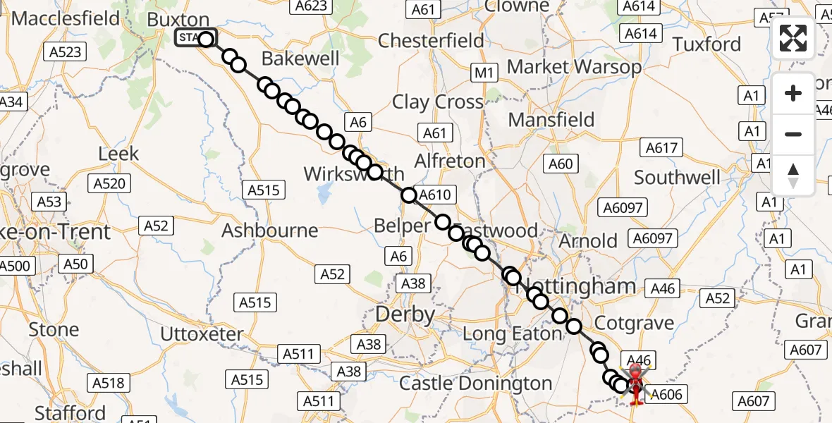 Flight route Air Ambulance Helicopter High Peak - Nottingham Heliport, 27 May 2026, 16:31