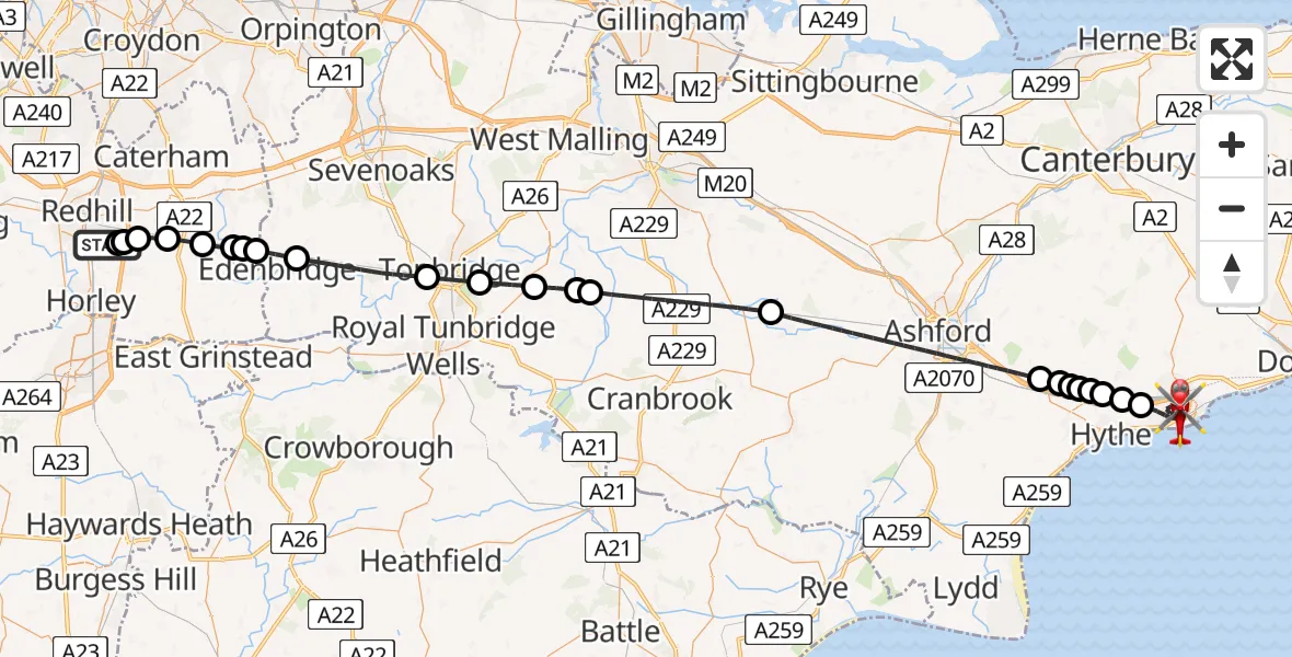 Flight route Air Ambulance Helicopter Redhill Aerodrome - Folkestone, 27 May 2026, 16:55