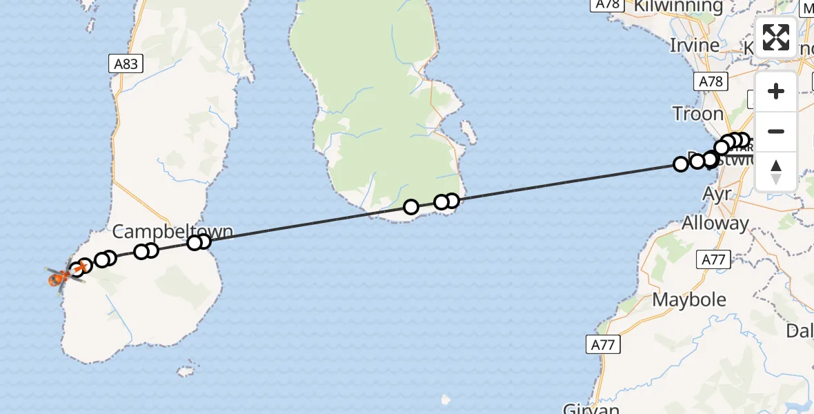 Flight route Coastguard Helicopter Glasgow Prestwick Airport - Inner Seas, 27 May 2026, 16:55