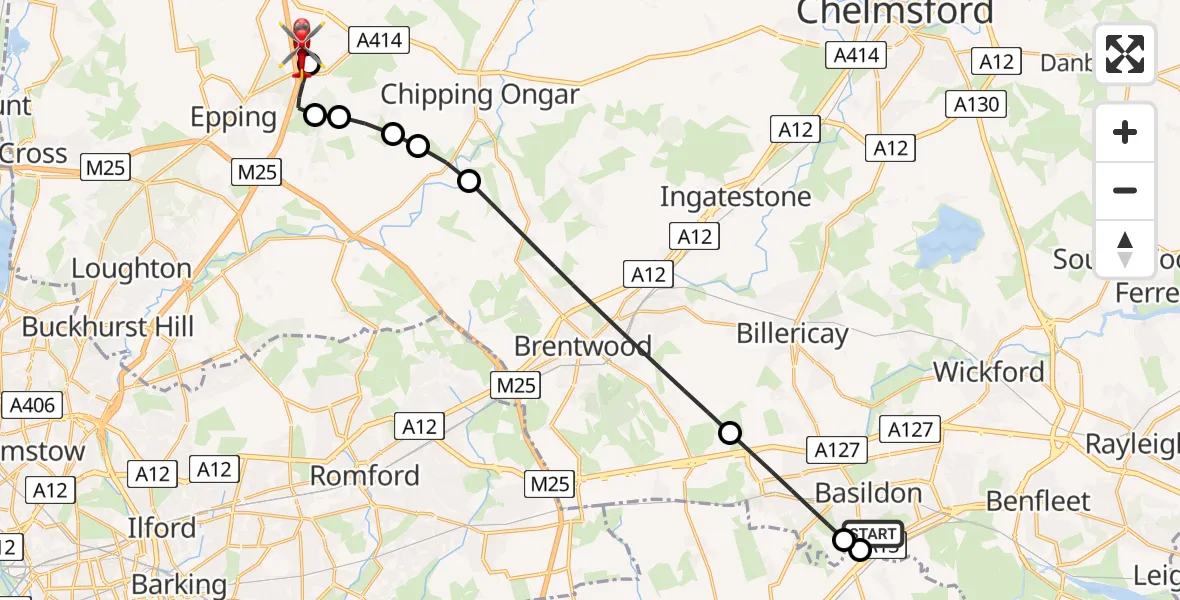 Flight route Air Ambulance Helicopter Basildon - North Weald Airfield, 27 May 2026, 17:09