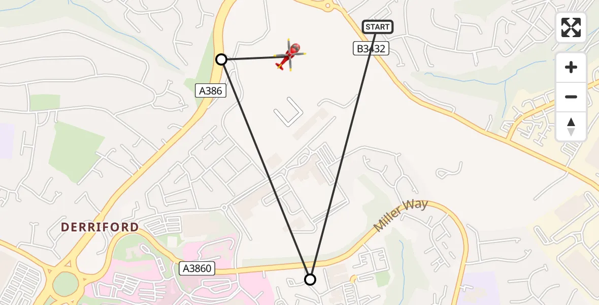 Flight route Air Ambulance Helicopter Plymouth City Airport - Plymouth City Airport, 27 May 2026, 17:16