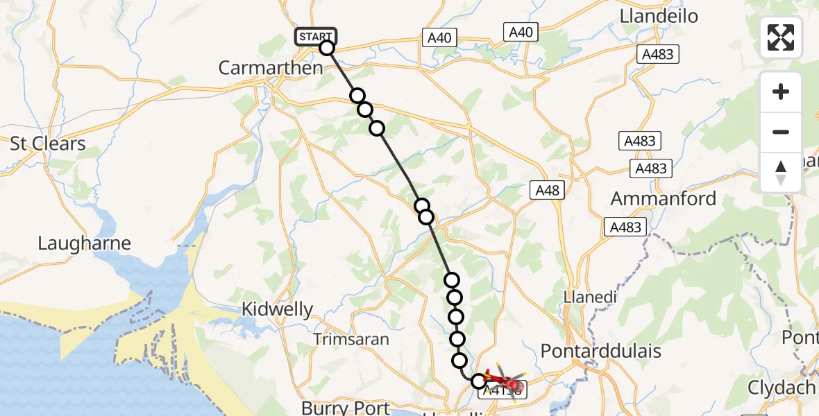 Flight route Air Ambulance Helicopter Peniel - Dafen, 27 May 2026, 17:19