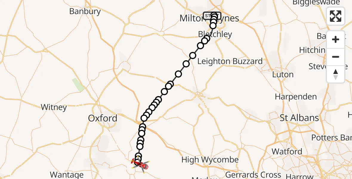 Flight route Air Ambulance Helicopter Central Milton Keynes - RAF Benson, 27 May 2026, 17:22
