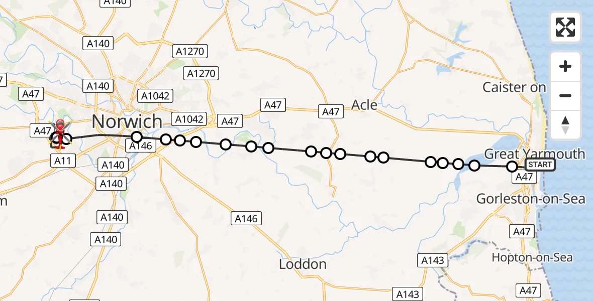 Flight route Air Ambulance Helicopter Gorleston-on-Sea - Norfolk & Norwich Hospital, 27 May 2026, 17:26