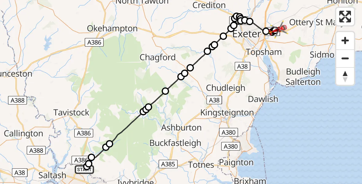 Flight route Air Ambulance Helicopter Glenholt - Exeter International Airport, 27 May 2026, 17:50