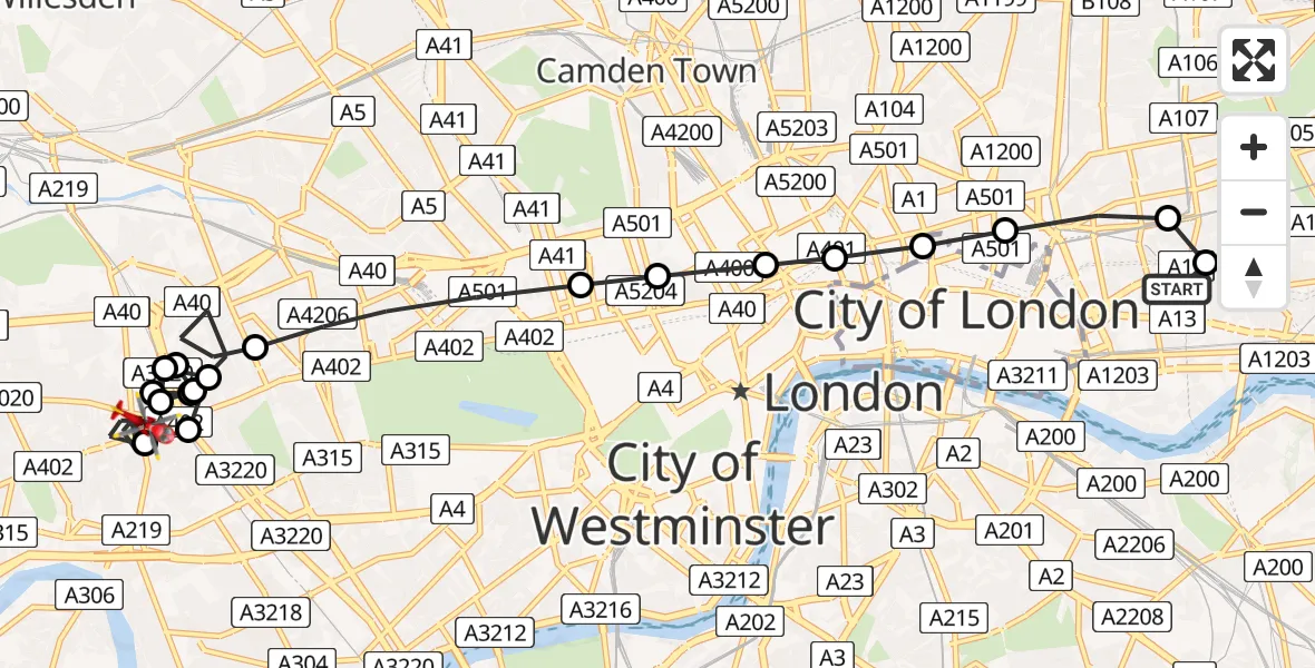 Flight route Air Ambulance Helicopter Royal London Hospital - Shepherd's Bush, 27 May 2026, 17:52