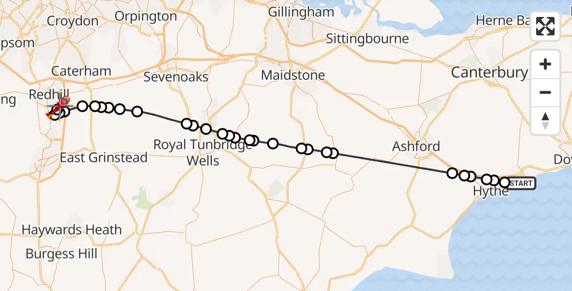 Flight route Air Ambulance Helicopter Folkestone - Redhill Aerodrome, 27 May 2026, 17:53