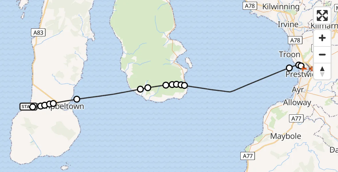 Flight route Coastguard Helicopter Machrihanish - Glasgow Prestwick Airport, 27 May 2026, 17:58