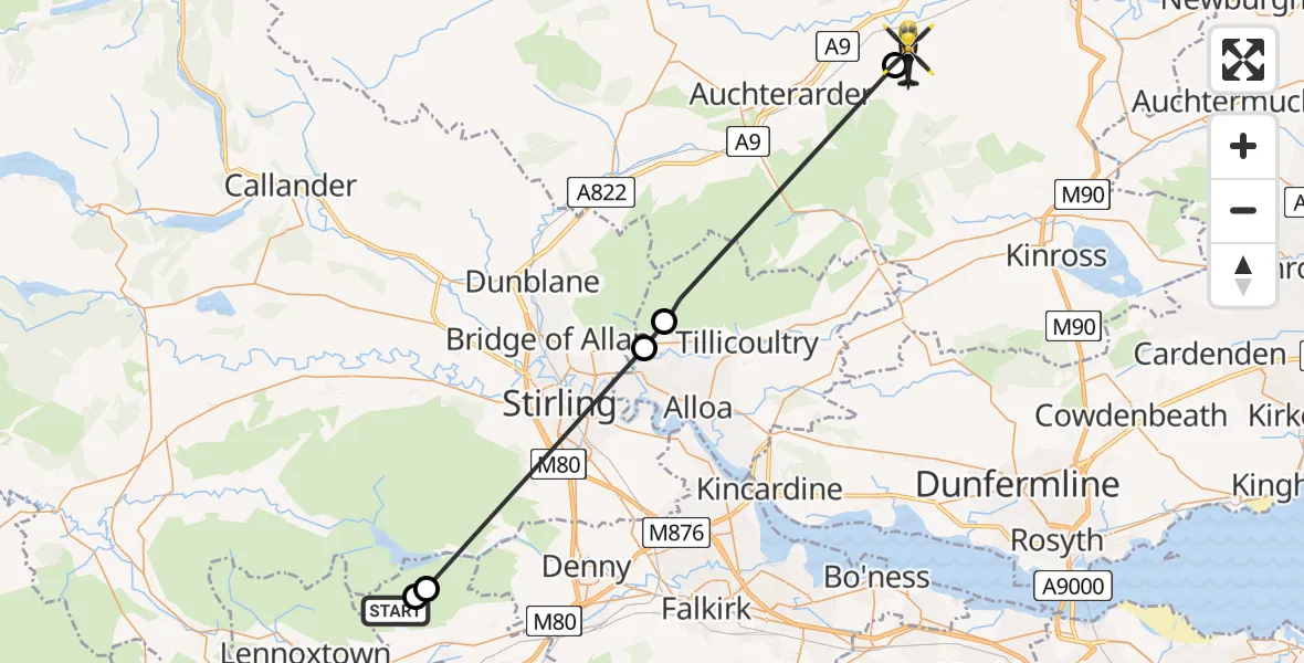 Flight route Police Helicopter The Kilsyth Hills - Dunning, 27 May 2026, 17:59