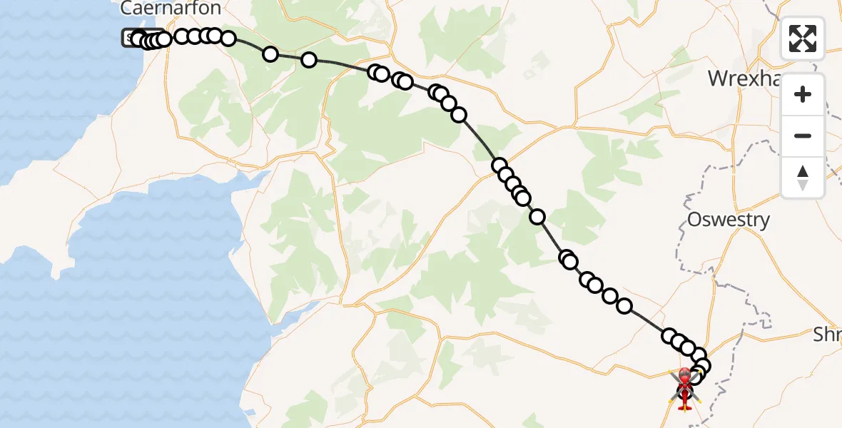 Flight route Air Ambulance Helicopter Caernarfon Airport - Welshpool Airport, 27 May 2026, 18:16