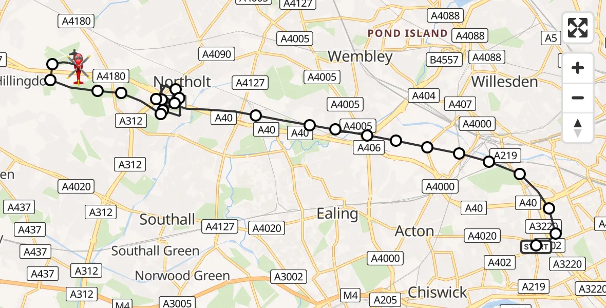 Flight route Air Ambulance Helicopter Shepherd's Bush - RAF Northolt, 27 May 2026, 18:22