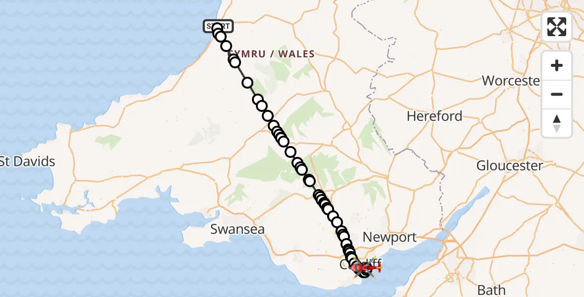 Flight route Air Ambulance Helicopter Penparcau - Cardiff Heliport, 27 May 2026, 18:23