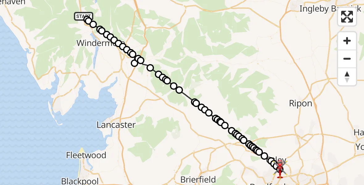 Flight route Air Ambulance Helicopter Lakes - Leeds Bradford Airport, 27 May 2026, 18:47