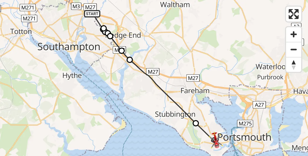 Flight route Air Ambulance Helicopter Southampton Airport - Gosport, 27 May 2026, 18:49