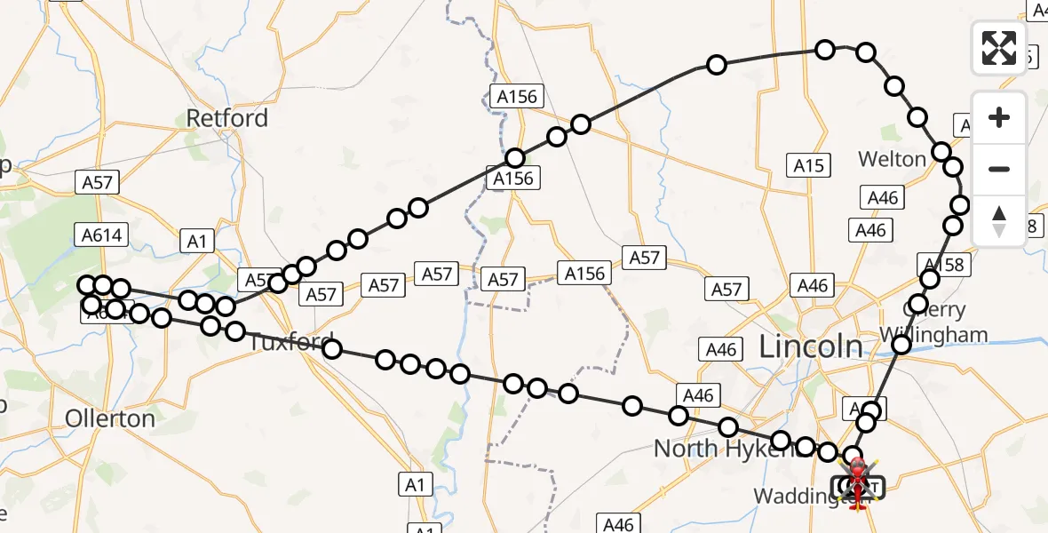 Flight route Air Ambulance Helicopter RAF Waddington - North Kesteven, 27 May 2026, 18:53