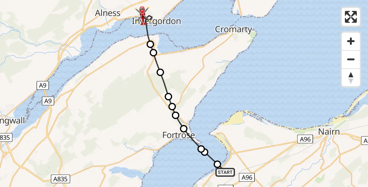 Flight route Air Ambulance Helicopter Inverness Airport - Invergordon, 27 May 2026, 18:56