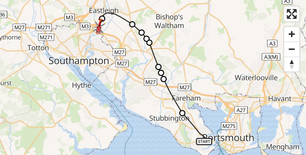 Flight route Air Ambulance Helicopter Gosport - Southampton Airport, 27 May 2026, 19:32