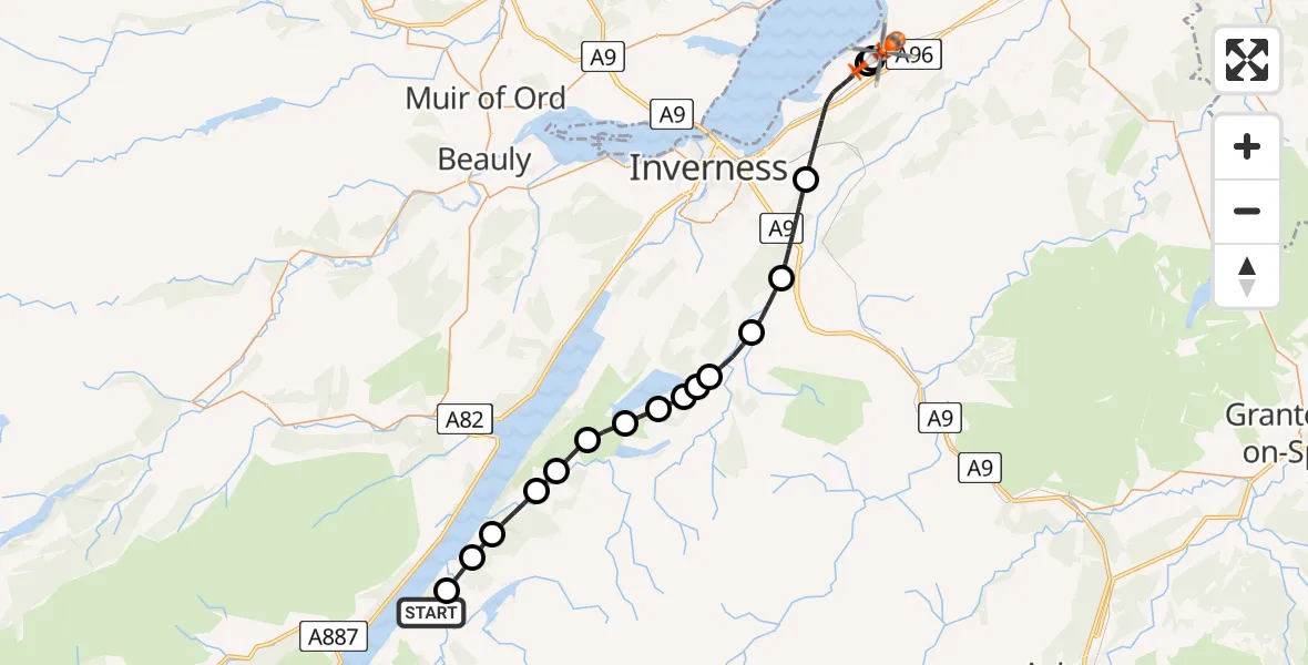 Flight route Coastguard Helicopter Dalcrag - Inverness Airport, 27 May 2026, 19:50