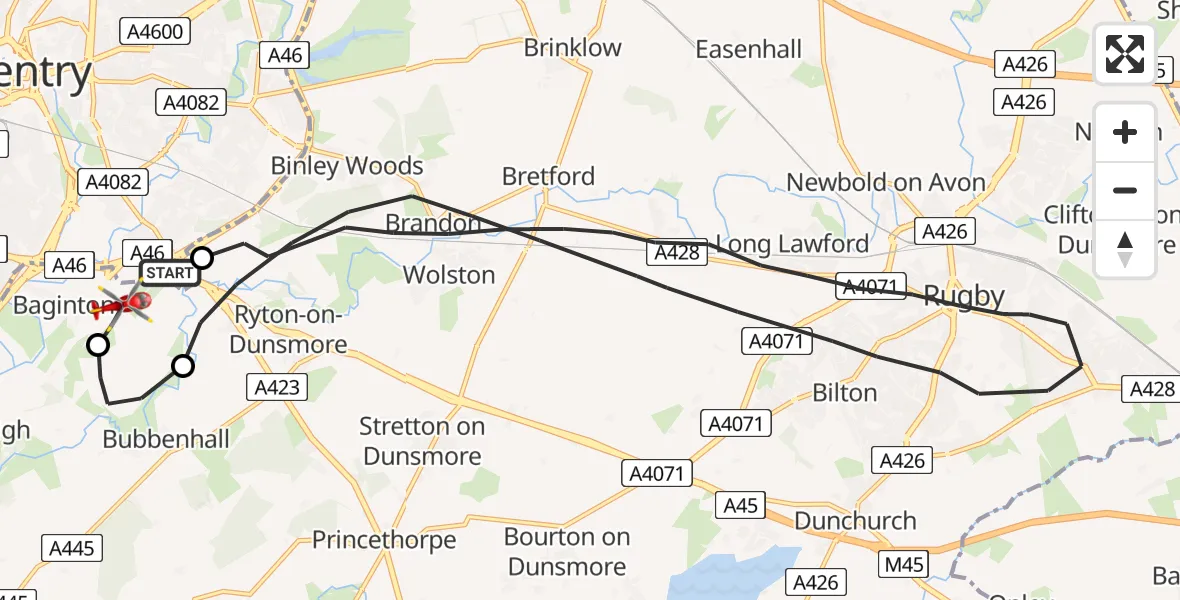 Flight route Air Ambulance Helicopter Coventry Airport - Coventry Airport, 27 May 2026, 20:16