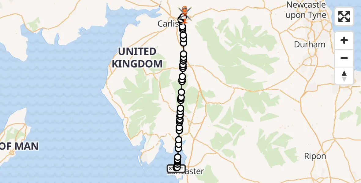 Flight route Coastguard Helicopter Morecambe - Carlisle Lake District Airport, 27 May 2026, 20:32