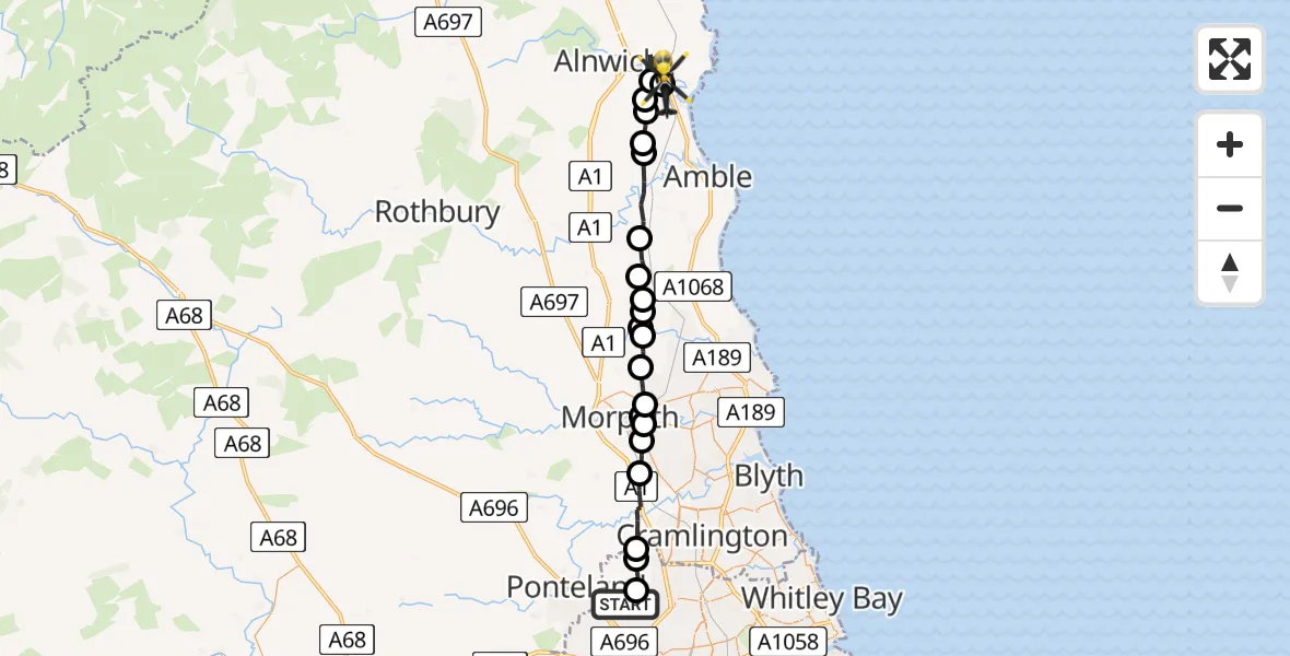Flight route Police Helicopter Newcastle International Airport - Hipsburn, 27 May 2026, 20:54