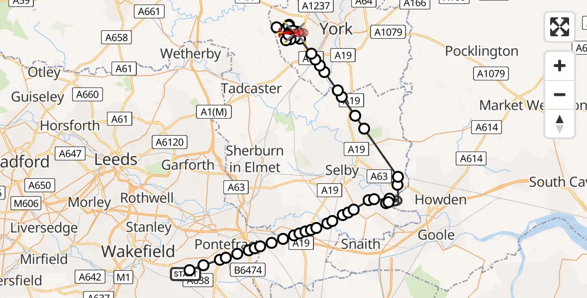 Flight route Air Ambulance Helicopter YAA Nostell Helicopter Port - Rufforth East Airfield, 27 May 2026, 21:20