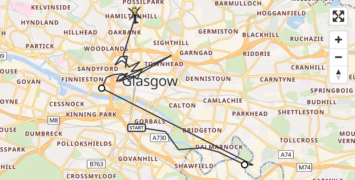 Flight route Police Helicopter Glasgow - Glasgow, 27 May 2026, 21:43
