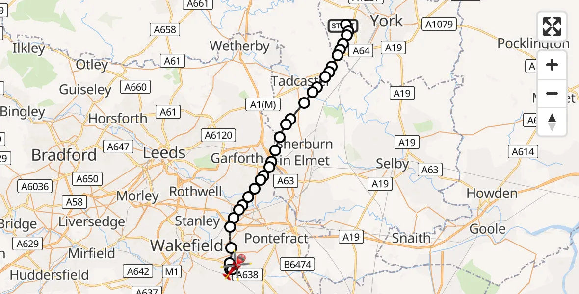 Flight route Air Ambulance Helicopter Rufforth East Airfield - YAA Nostell Helicopter Port, 27 May 2026, 21:53