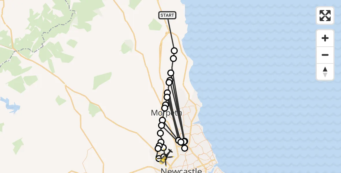 Flight route Police Helicopter Rennington - Newcastle International Airport, 27 May 2026, 22:16