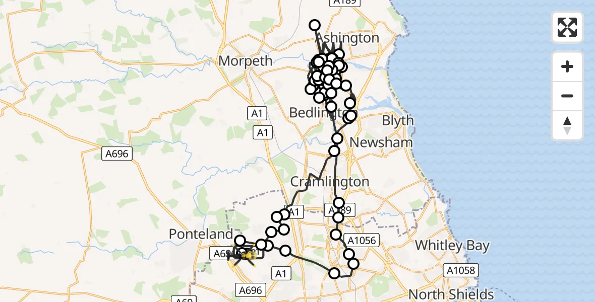 Flight route Police Helicopter Newcastle International Airport - Newcastle International Airport, 27 May 2026, 23:14