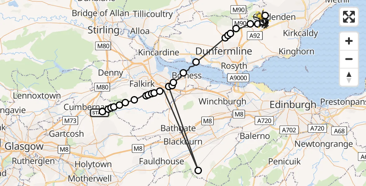 Flight route Police Helicopter Cumbernauld - Lochgelly, 27 May 2026, 23:46