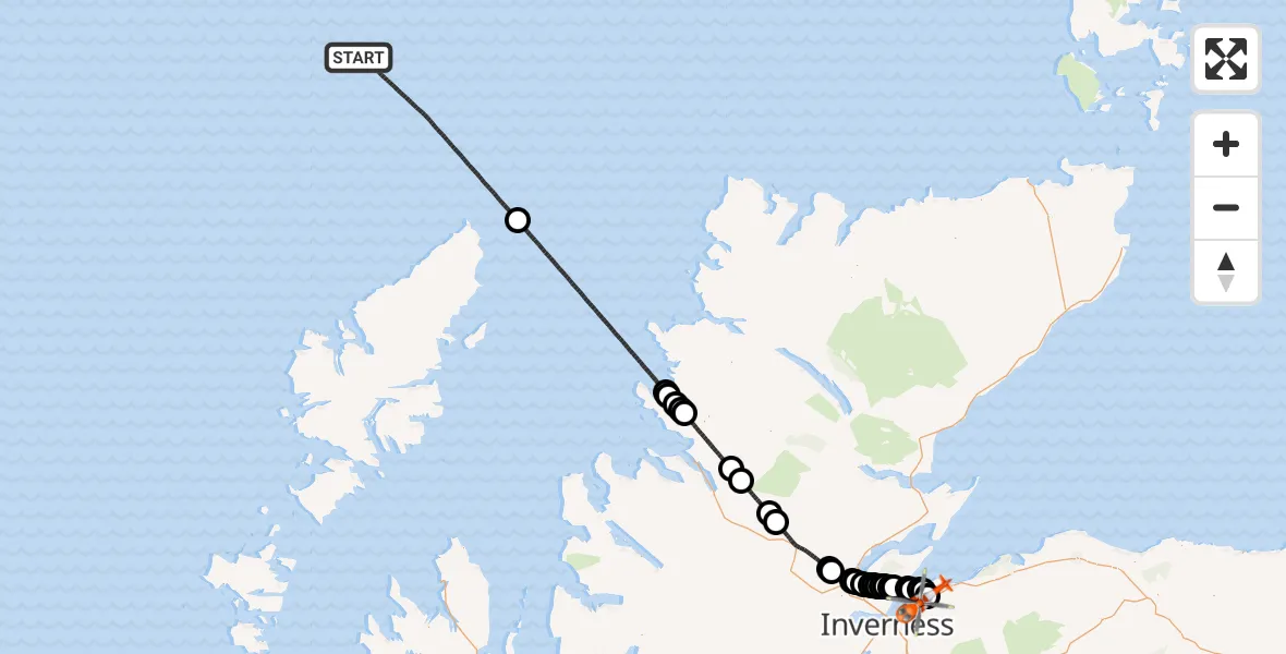 Flight route Coastguard Helicopter North Atlantic Ocean - Inverness Airport, 28 May 2026, 00:18
