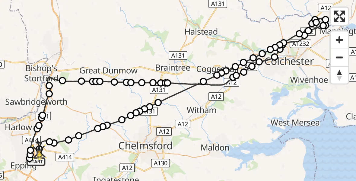 Flight route Police Helicopter Coopersale - North Weald Airfield, 28 May 2026, 01:38