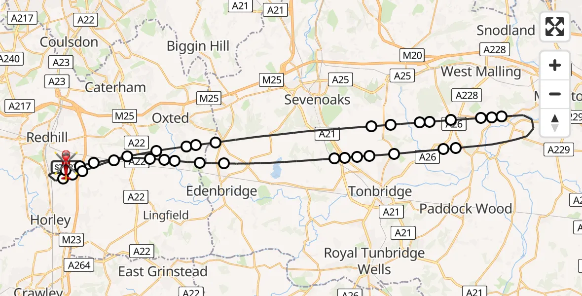 Flight route Air Ambulance Helicopter Redhill Aerodrome - Redhill Aerodrome, 28 May 2026, 03:42
