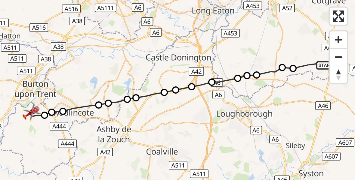 Flight route Air Ambulance Helicopter Willoughby on the Wolds - South Derbyshire, 28 May 2026, 05:48