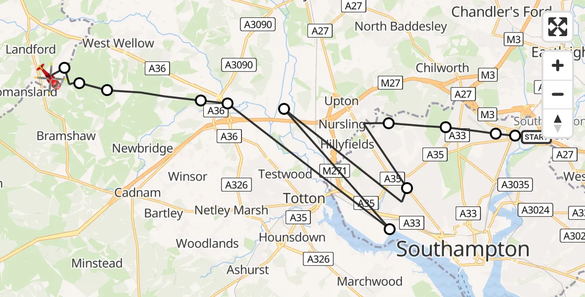 Flight route Air Ambulance Helicopter Southampton Airport - Plaitford, 28 May 2026, 06:19