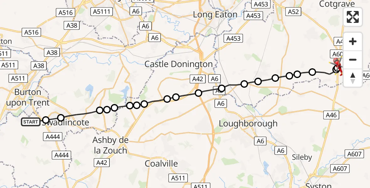 Flight route Air Ambulance Helicopter South Derbyshire - Nottingham Heliport, 28 May 2026, 06:30