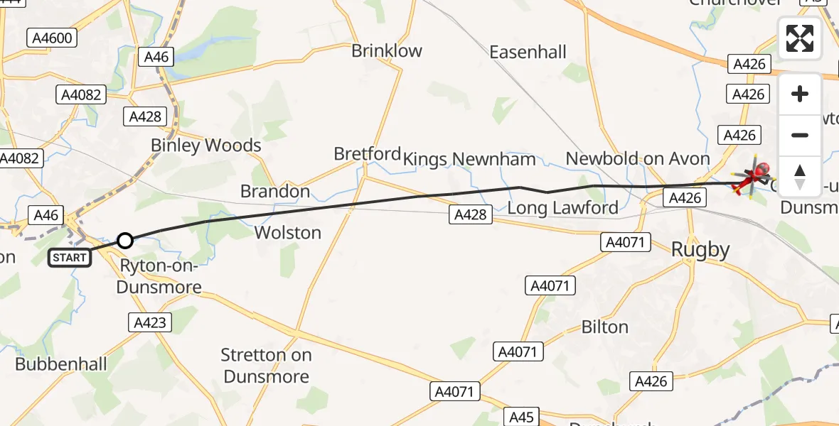 Flight route Air Ambulance Helicopter Coventry Airport - Rugby, 28 May 2026, 07:06