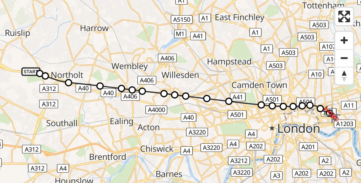 Flight route Air Ambulance Helicopter RAF Northolt - Royal London Hospital, 28 May 2026, 07:11